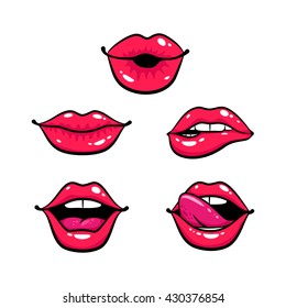 Female Lips Set. Mouth With A Kiss, Smile, Tongue, Teeth. Vector Comic Illustration In Pop Art Retro Style Isolated On White Background. 