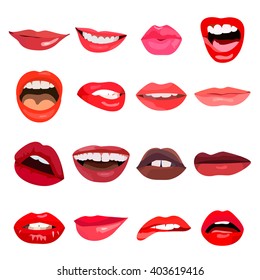 Female Lips Set On Sweet Passion. Lip Design Element Lust Makeup Mouth. Vector Print Illustration Cosmetic Sensuality Desire. Smile Woman Red Sexy Lips