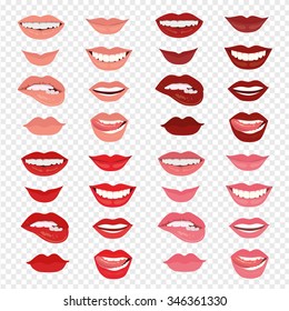 Female Lips With A Smile. The Mouth With A Kiss. Vector Illustration Isolated On Transparent  Background. Pink, Red, Brown And Purple Lips.