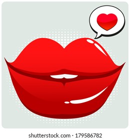 Female lips with speech bubble and a heart. Vector illustration