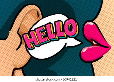 Female lips with speech bubble Hello Message in pop art style, promotional background, presentation poster. Flat design, vector illustration.