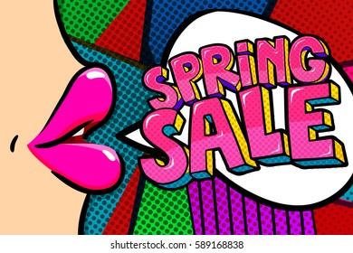 Female lips with speech bubble Spring Sale Message in pop art style, promotional background, presentation poster. Flat design, vector illustration.