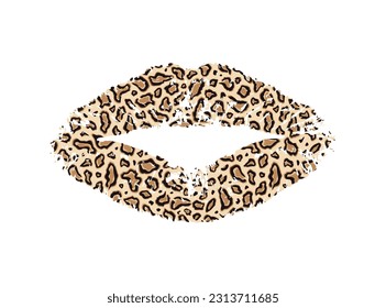 Weibliche Lippen stilisiert als Leopardenhaut. Kiss Jaguar einzeln auf weißem Hintergrund für Designabdrücke. Lippenstift-Pucker für Tiere. Mundstück. Silhouette Pelzsafari. Cute-Grafik. Vektorgrafik