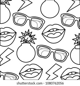 female lips and thunders and boom pop art style pattern