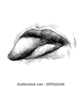female lips tongue stick out sideways, sketch vector graphics monochrome illustration