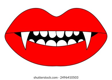 Female lips with vampire teeth. Vector illustration isolated on white background.