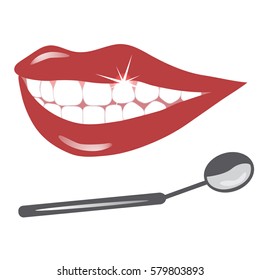 Female lips with white teeth. Open mouth and dental mirror.