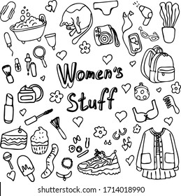 female little things set of stickers. Vector illustration women’s stuff.  women's favorite things. bathroom cat hair dryer sweets clothing sneakers. graphic sketch. women's secrets