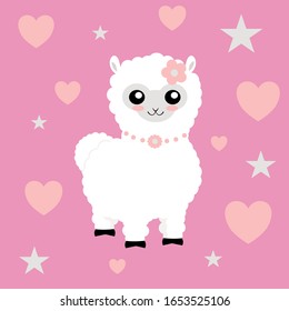 Female llama or alpaca cute cartoon illustration vector with heart and star and pink background.