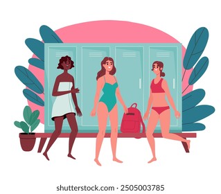 Vestuario femenino en el gimnasio. Mujeres en ropa interior y toallas cerca de casilleros con ropa. Chicas en armario y vestidor. Fitness y entrenamiento. Ilustración vectorial plana aislada sobre fondo blanco