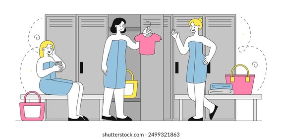 Vestuario femenino en el gimnasio. Las chicas jóvenes con toallas se cambian de ropa después del entrenamiento. Estilo de vida activo y deportes. Fitness y entrenamiento. Ilustración vectorial lineal aislada sobre fondo blanco