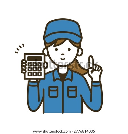Female logistics staff presenting estimate price with calculator and pointing in delivery and moving service wearing cap and shirt