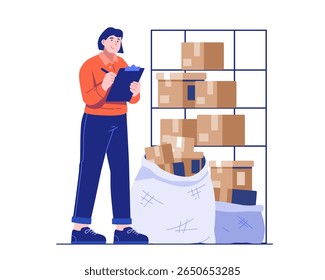 Uma funcionária da logística que mantém uma área de transferência verifica o inventário de pacotes de papelão em um armazém. Ilustração do conceito de rastreamento de encomendas, gerenciamento de estoque e serviço de entrega
