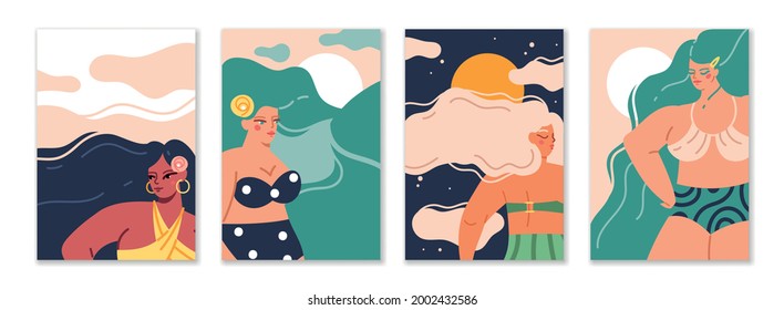 Female long hair. Cartoon women with wavy hairstyle. Cute characters wear swimsuits. Beautiful femmes and nature silhouettes. Summer recreation. Girl portraits. Vector greeting cards set