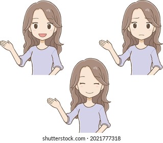 The female of the long hair. She raises the right hand and shows the way. An illustration of the upper part of body.