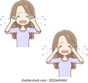 The female of the long hair. She's crying. This is an illustration of the upper part of body.