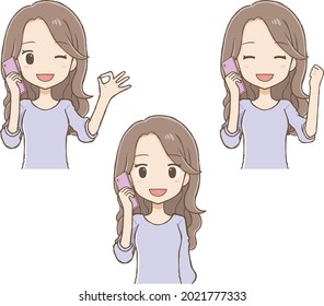 The female of the long hair. She's speaking by telephone.An illustration of the upper part of body.