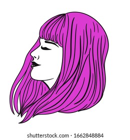 Female long haircut pink with bangs isolate on a white background. Vector graphics.