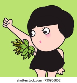 Female Looking At Her Armpit Grass Plant Hair. Funny Concept Card Character illustration