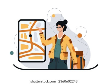 Female looking at map on smartphone. Tourist searching for right route, using modern gadget. Flat vector illustration in yellow colors in cartoon style