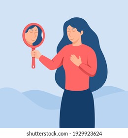 Female Looking In Mirror Cartoon Vector Illustration. Self Love Woman Concept. Self Love, Confidence And Concept.