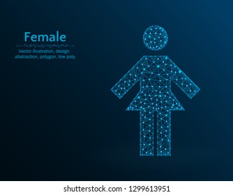 Female low poly vector illustration, woman icon on blue background, abstract vector illustration made from points and lines
