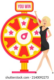 Female lucky winner with wheel of fortune. Business concept. Chance and risk, gamble and profit, tax and gain, borrow and loss, disaster and capital. Pretty woman player won jackpot in lottery