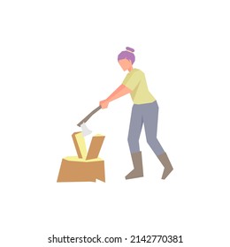 Female lumber cutting wood logs simple flat vector character illustration.