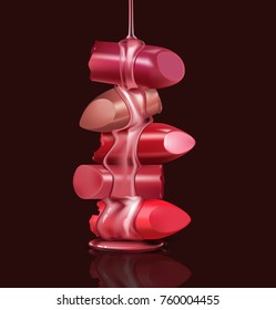 Female luxury. Broken lipstick with dripping lipstick nourishing oil, honey for makeup on black background, template for a poster, banner, logo, leaflet, realistic mockup, vector illustration