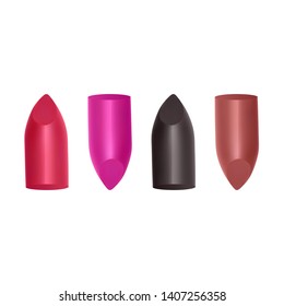 Female luxury. Broken lipstick various shades bright colors template for a poster, realistic mockup, vector illustration