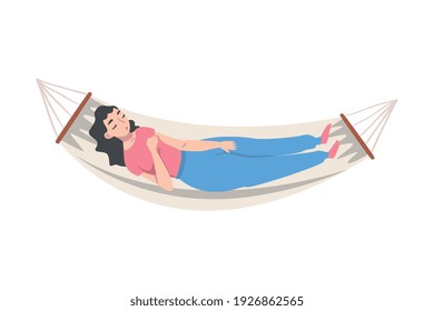 Female Lying in Hammock and Sleeping Vector Illustration