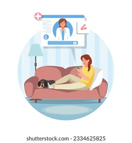 Female lying on bed and chatting with doctor via smartphone. Quick and easy way to receive medical advice and treatment from comfort of ones own home. Digital prescriptions and teletherapy. Vector