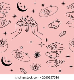 Female magic hands seamless pattern on a pink background. One line vector illustration. Trend mystical and space concept