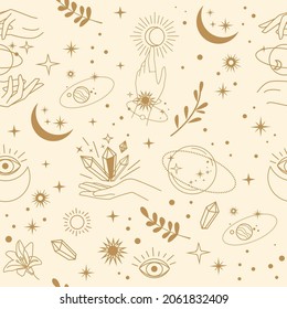 Female magic hands seamless pattern. One line vector illustration. Trend mystical and space concept