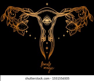 "Female magic" poster with golden symbol of uterus, esoteric eye and flowers, female sacral symbols, can be used for tattoo, vector illustration