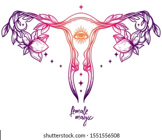 "Female magic" poster with shinig symbol of uterus, esoteric eye and flowers, female sacral symbols, can be used for tattoo, vector illustration