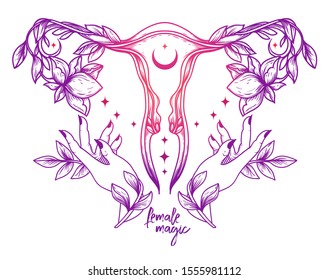 `Female magic` poster with symbol of uterus, flowers and female hands, female sacral symbols, can be used for tattoo, vector illustration