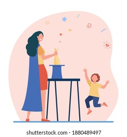 Mago femenino actuando antes que niño. Mujer sacando conejo de la ilustración vectorial plana del sombrero superior. Magia, ilusión, concepto infantil para banner, diseño de sitios web o página web de aterrizaje