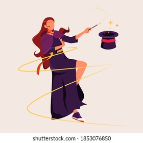 Female Magician Playing With Hat Vector Illustration, Woman Witch Wearing Purple Suit Robe Flat Design