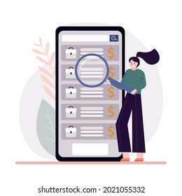 Female employeе with magnifying glass search for job. Searching work through website. Looking for advertisement in mobile phone application. Recruitment staff and cv resume concept.Vector illustration