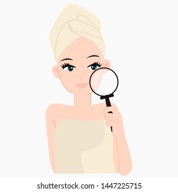 Female with magnifying glass. Skin care concept. Vector illustration