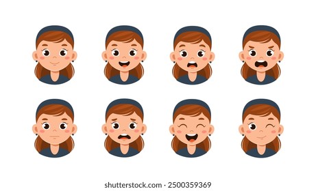 Female maid constructor. Woman with different emotions and feelings. Kit for creating cartoons. Pack of heads and faces. Cleaning service. Flat vector collection isolated on white background