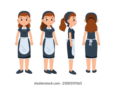 Female maid constructor. Woman in uniform. Kit for creating cartoons. Pack of character in different poses. Household chores and routine. Flat vector collection isolated on white background