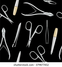 Female make up , manicure set pattern with scissors, nail file, tweezers, nippers, graphic pedicure background with color nail  tool