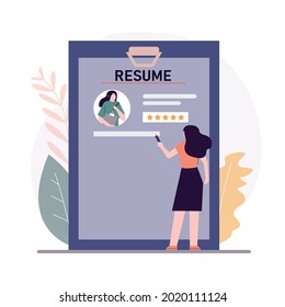 Female Employeе Make Resume To Find Job. Cartoon Woman Searching For Work. Draft Document And Summary. Recruitment Staff And Cv Resume Concept. Hiring And Recruiting People. Flat Vector Illustration