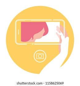 female make selfie, hand and smartphone, flat illustration