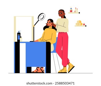 Female Makeup Artist Applying Makeup To A Client In Flat Vector Illustration Symbolizing Beauty Services, Cosmetic Application, And Personal Grooming, Isolated On White Background.
