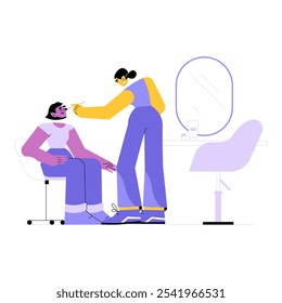 Artista De Maquillaje Femenino Que Aplica La Base En El Cliente En La Ilustración vectorial Plana Que Simboliza La Belleza, El Cuidado Personal, Y Los Servicios De Maquillaje Del Profesional, Aislados En El Fondo Blanco