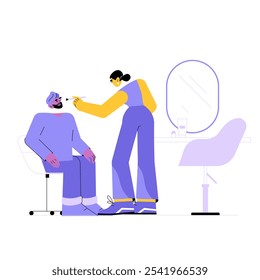 Artista De Maquillaje Femenino Que Aplica El Maquillaje Al Cliente Masculino En Ilustración vectorial Plana Que Simboliza La Belleza, El Cuidado Personal Y El Aseo Inclusivo De Género, Aislado Sobre Fondo Blanco.