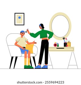 Female Makeup Artist Applying Makeup To Male Client In Flat Vector Illustration Symbolizing Beauty Services, Makeup Artistry, And Personal Grooming, Isolated On White Background